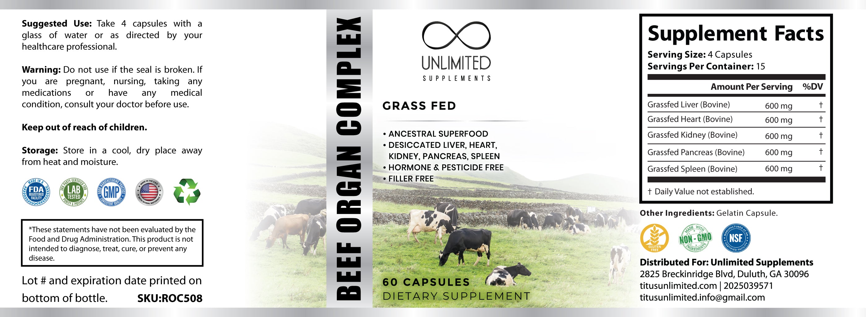Grass Fed Beef Organ Complex or Beef Liver Capsules