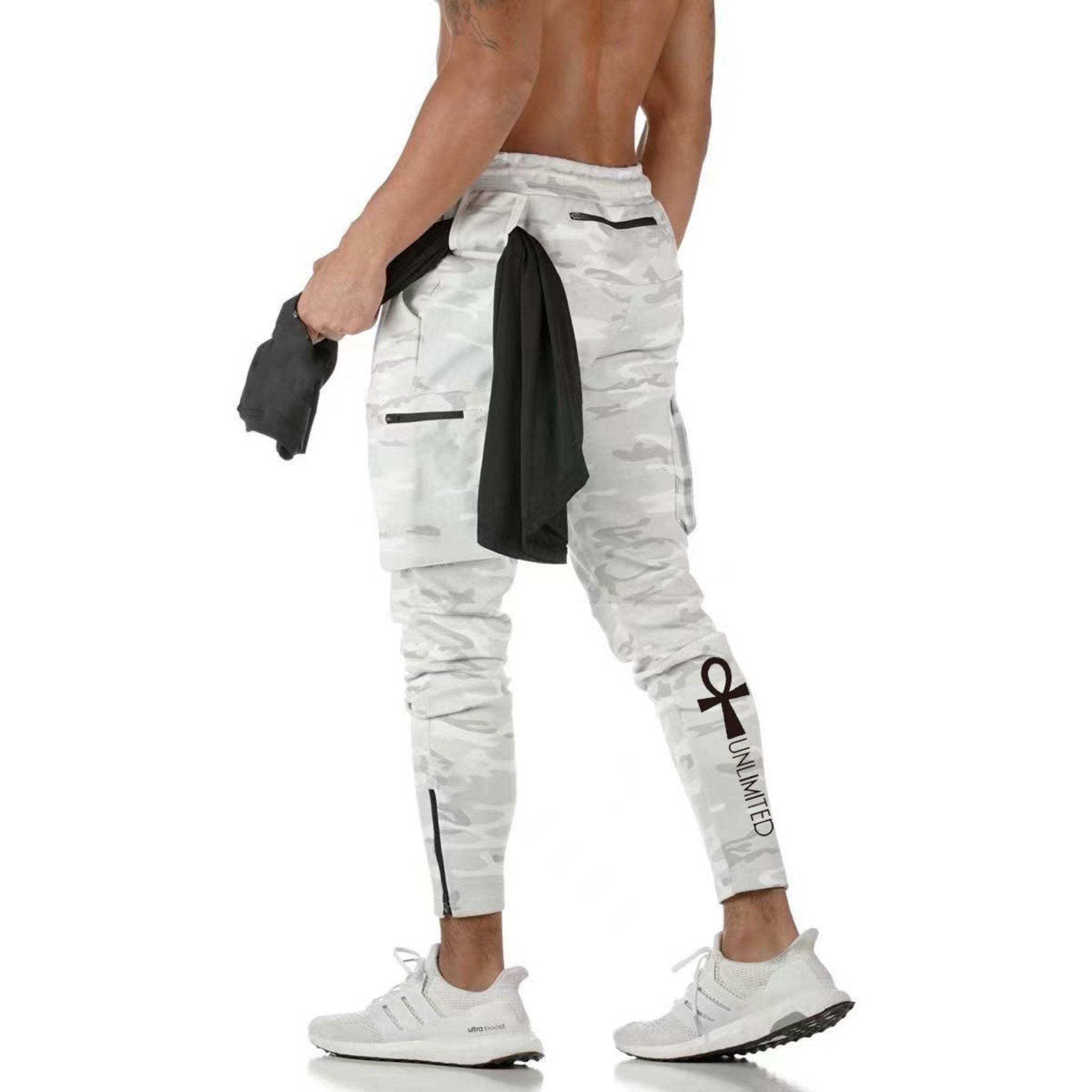 Camo workout pants with zipper pocket